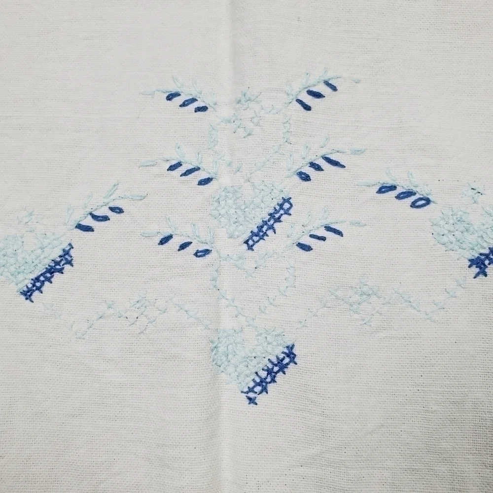 Embroidered Table Runner Dresser Scarf Heart Crochet Lace Blue White Vintage 36